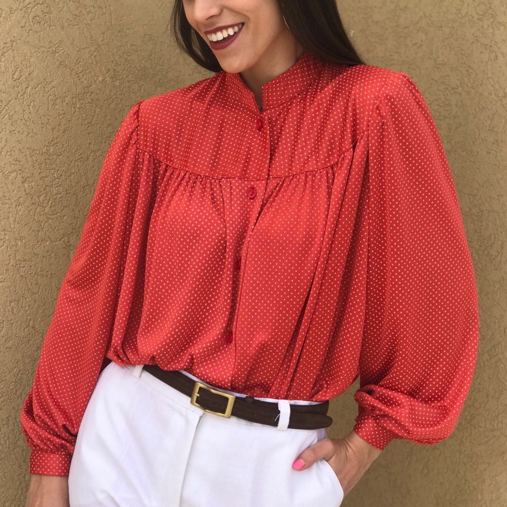 Vintage Bishop Sleeved Red Polka Dot Blouse